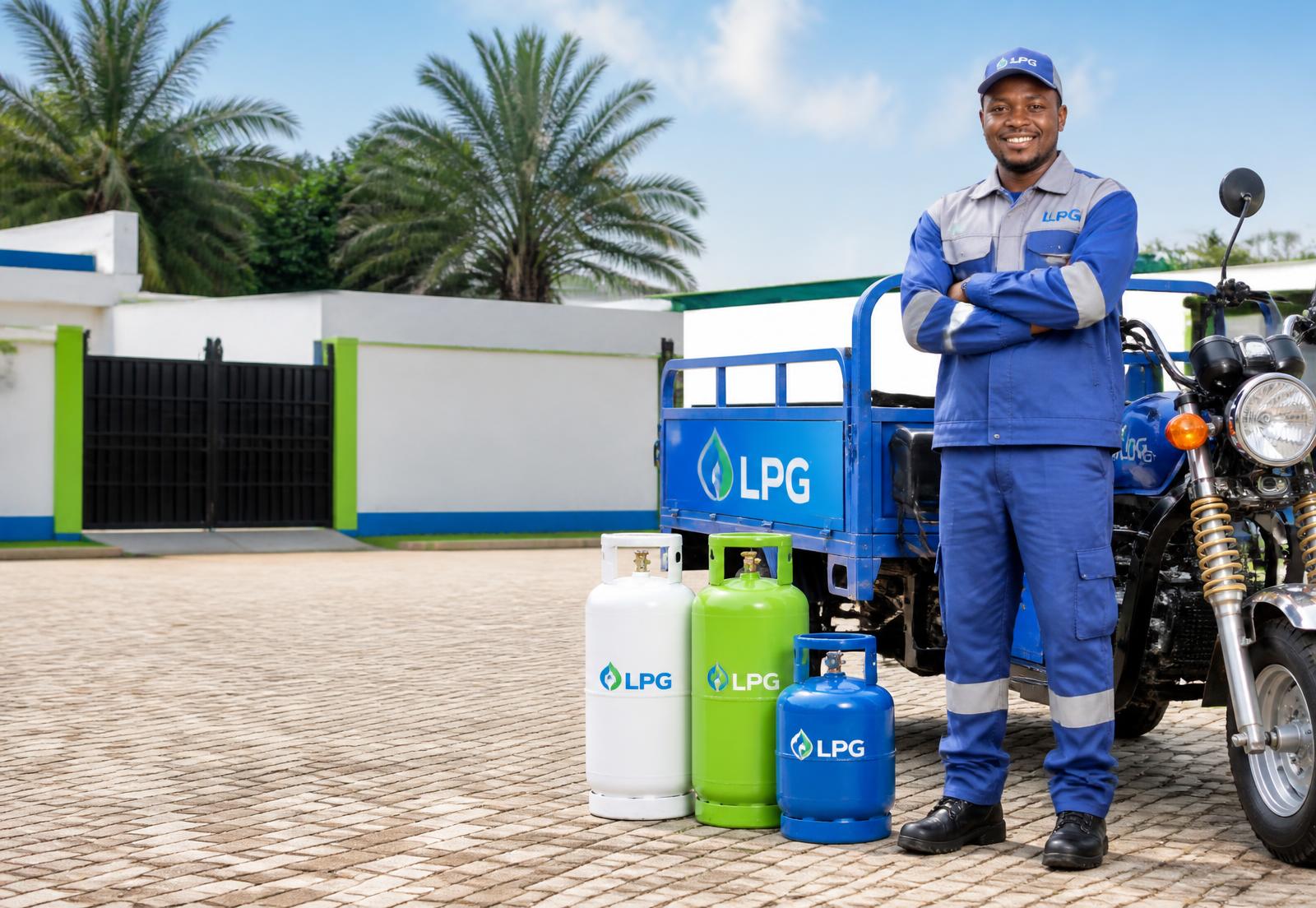 Amaanallah Gas technician with white, green and blue LPG cylinders beside a delivery tricycle